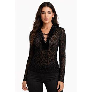 Eye Candy Black Sheer Burnout Velvet Lace Up Top Long Sleeve Gothic Y2K